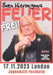 Ein Werbeflyer für die Veranstaltung mit Sven Hieronymus. Das Event findet am 17.11.2023 in der Jugendstil-Festhalle in Landau statt.