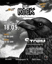 Ein Plakat für ein Konzert mit dem Titel "Regio Rock". Es kündigt lokale Bands und deren Auftritt am 18.09. im DAS HAUS in Landau an.