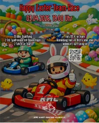 Ein fröhliches Kartrennen mit Tieren im Osterdesign. Zwei Kartfahrer in bunten Karts fahren eine Rennstrecke, umgeben von Eiern und kleinen Küken.