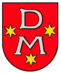 Ein Wappen mit einem blauen Hintergrund. Es zeigt zwei goldene Lilien und eine silberne Kreuzung auf einem gelben Schild.