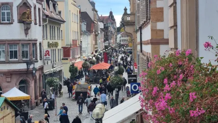 Eine belebte Straße mit vielen Menschen und Marktflecken. Bunte Blumen und historische Gebäude prägen die Szene.