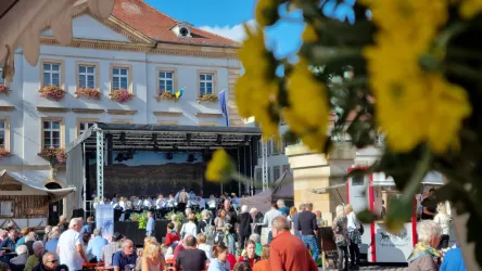 Ein belebter Marktplatz mit vielen Menschen und einer Bühnenaufführung im Hintergrund. Blumenrahmen im Vordergrund schaffen eine freundliche Atmosphäre.