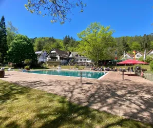 Ein Schwimmbad inmitten einer schönen Landschaft mit Bäumen und Wiesen. Im Hintergrund sind ein Gebäude und Sonnenschirme zu sehen.