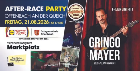 Eine lebhafte After-Race-Party mit fröhlichen Menschen, die feiern und tanzen. Im Hintergrund ist eine Bühne mit Musik und Lichtern zu sehen.