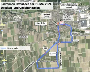 Eine Karte des Radrennens in Offenbach am 1. Mai 2024. Sie zeigt die Rennstrecke und die Umleitungswege rund um die Stadt.