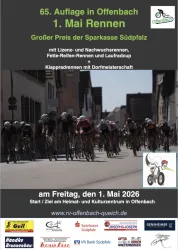 Ein Plakat für das 65. 1. Mai Rennen in Offenbach. Die Veranstaltung umfasst verschiedene Radrennen und findet am Freitag, den 1. Mai 2026, statt.