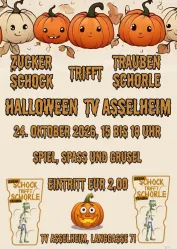 Ein Halloween-Event mit orangefarbenen Kürbissen und fröhlicher Schrift. Datum und Uhrzeit sind klar angegeben, mit Aktivitäten und Eintrittspreis.