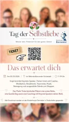 Ein Plakat für die Veranstaltung "Tag der Selbstliebe" mit Informationen zu einem inspirierenden Event. Darauf sind ein QR-Code und Details zu Keynote-Speakern und Workshops zu sehen.
