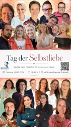 Eine Collage von verschiedenen Menschen, die sich zu einem Event versammeln. Der Text lautet "Tag der Selbstliebe" mit Informationen zum Datum und zur Veranstaltung.