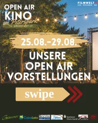 Ein Plakat für ein Open-Air-Kino im Peterspark in Grünstadt. Die Veranstaltung findet vom 25. bis 29. August statt und lädt zum Swipen für weitere Informationen ein.