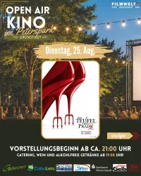 Open-Air-Kino im Peterspark mit dem Film "Der Teufel trägt Prada". Die Veranstaltung findet am Dienstag, den 25. August, statt, mit Beginn ab 21:00 Uhr.