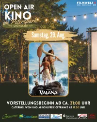 Ein Plakat für ein Open-Air-Kino-Event im Peterspark in Grünstadt. Der Film "Vaiana" wird am Samstag, den 29. August, gezeigt, mit Catering und Getränken ab 19:00 Uhr.