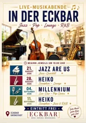 Ein Veranstaltungsplakat für Live-Musikabende in der Eckbar. Es zeigt verschiedene Datumsangaben und Musikgenres wie Jazz und R&B.