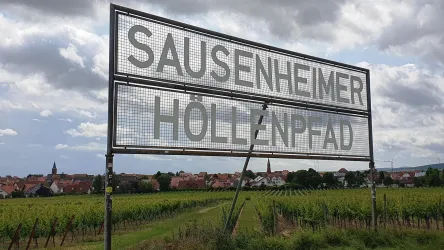 Ein großes Straßenschild mit den Aufschriften "SAUSENHEIMER" und "HÖLLENPFAD" steht vor einer Weinlandschaft. Im Hintergrund sieht man kleine Häuser und einen bewölkten Himmel.