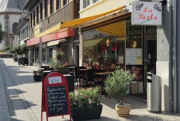 Ein italienisches Restaurant namens "La Pasta" mit einer einladenden Außenterrasse. Auf einem Schild werden spezielle Gerichte und Preise angezeigt.