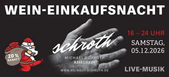 Eine Werbeanzeige für eine Wein-Einkaufnacht mit einem stilisierten Handbild. Das Event findet am Samstag, den 05.12.2026, von 16 bis 24 Uhr statt und bietet 20% Rabatt sowie Live-Musik.