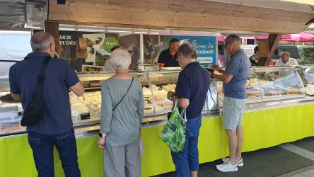 Eine Menschenmenge kauft an einem Kästand auf einem Markt. Der Stand bietet eine Vielzahl von Käsesorten an.