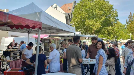 Ein lebhafter Markt mit mehreren Ständen und vielen Menschen. Im Hintergrund sind Bäume und Gebäude zu sehen.