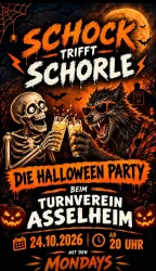 Eine Halloween-Party mit einem Skelett und einem Werwolf, die Drinks genießen. Das Event findet am 24. Oktober 2026 beim Turnverein Asselheim statt.