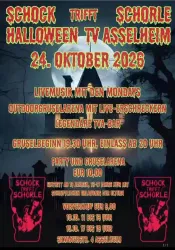 Ein Plakat für eine Halloween-Veranstaltung in Asselheim. Es enthält Informationen zu Live-Musik, einem Gruselbereich und Eintrittspreisen.
