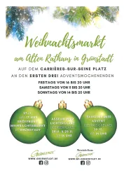 Ein Werbeplakat für den Weihnachtsmarkt am Alten Rathaus in Grünstadt. Es enthält Informationen zu Terminen und Öffnungszeiten.