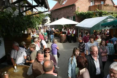 Eine lebhafte Menschenmenge auf einer Veranstaltungen in einer Straße. Verschiedene Stände und Zelte sind sichtbar, während die Besucher die Atmosphäre genießen.