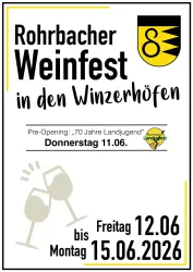 Ein Plakat für das Rohrbacher Weinfest in den Winzerhöfen. Die Veranstaltung findet von Donnerstag, dem 11. Juni, bis Montag, dem 15. Juni 2026, statt.