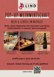 Das Bild zeigt ein Plakat für eine Pop-up Weinwirtschaft. Es lädt zu Wein, Snacks und Gesprächen in gemütlicher Atmosphäre ein.