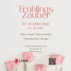 Eine Veranstaltung namens "Frühlingszauber" mit Datum und Uhrzeit. Auf dem Bild sind rosa Tulpen abgebildet, die eine fröhliche Atmosphäre schaffen.