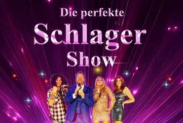 Eine bunte Gruppe von vier Künstlern steht vor einem festlichen Hintergrund. Der Titel der Show "Die perfekte Schlager Show" hebt sich in größerer Schrift ab.
