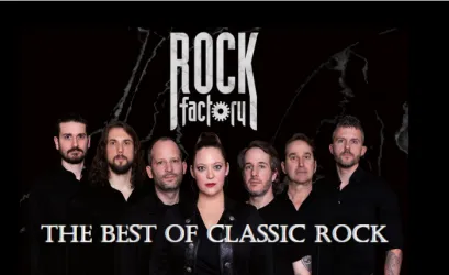 Eine Band mit sieben Mitgliedern steht vor einem dunklen Hintergrund. Der Schriftzug "ROCK factory" und "THE BEST OF CLASSIC ROCK" sind sichtbar.