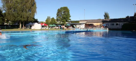 Ein großer, glitzernder Swimmingpool unter einem blauen Himmel. Im Hintergrund sind Grünflächen und einige Bäume zu sehen.