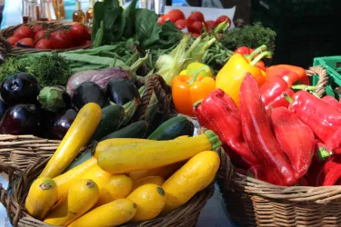 Bunte Gemüseauslage mit verschiedenen Sorten. Zu sehen sind Zucchini, Paprika, Auberginen und frische Kräuter.
