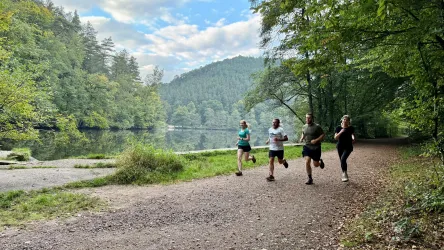 Eine Gruppe von vier Personen joggt entlang eines malerischen Weges am Wasser. Im Hintergrund sind Bäume und eine hügelige Landschaft zu sehen.