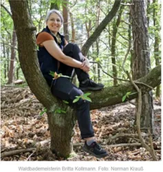 Eine Frau sitzt auf einem Baumstück im Wald und lächelt. Der Wald ist grün und voller Bäume.