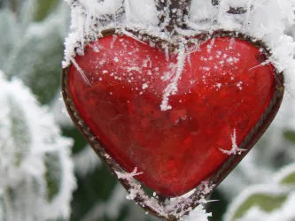Ein rotes Herz hängt frostbedeckt an einem Zweig. Der Hintergrund ist mit Schnee und Eis verziert.