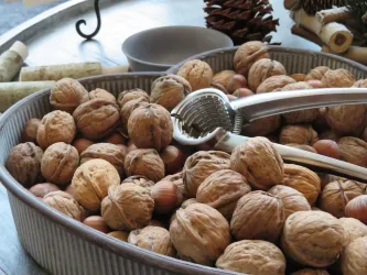 Eine Schüssel mit verschiedenen Nüssen, darunter Walnüsse und Haselnüsse. Ein Nussknacker liegt neben den Nüssen.