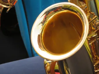 Ein glänzendes Saxophon mit goldenem Finish. Im Hintergrund sind unscharfe Farben sichtbar.