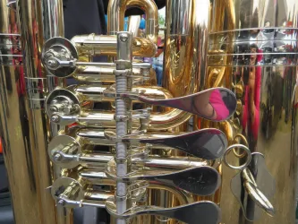 Eine goldene Tuba mit glänzenden Ventilen und Verzierungen. Im Hintergrund sind verschwommene Farben von Menschen zu sehen.