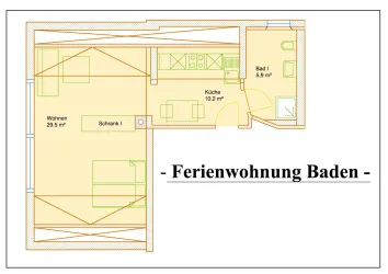 Eine Grundrisszeichnung einer Ferienwohnung mit verschiedenen Räumen. Die Wohnung umfasst ein Wohnzimmer, eine Küche, ein Schlafzimmer und ein Badezimmer.