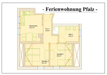 Ein Grundriss einer Ferienwohnung mit verschiedenen Zimmern. Die einzelnen Bereiche sind klar gekennzeichnet und illustriert.