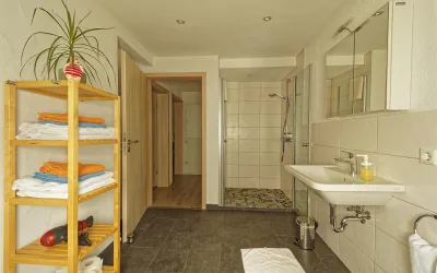 Ein modernes Badezimmer mit einer Dusche und einem Waschbecken. Auf einem Regal sind bunte Handtücher ordentlich gestapelt.