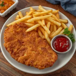 Ein knuspriges Hähnchenschnitzel auf einem Teller mit Pommes frites und einer Portion Ketchup. Daneben befindet sich eine kleine Schale mit einer anderen Sauce.