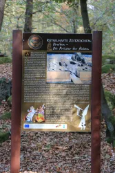 Ein Informationstafel über die „Priester der Kelten“ im Wald. Die Tafel enthält Text und Bilder zu archäologischen Funden.
