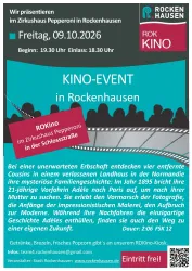 Ein Kinoprogramm für eine Veranstaltung in Rockenhausen. Der Film wird im Zirkushaus Pepperoni gezeigt und der Eintritt ist frei.