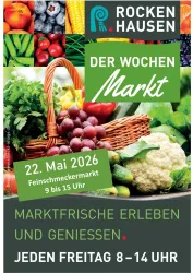 Ein Wochenmarkt mit frischem Obst und Gemüse wird beworben. Die Veranstaltung findet jeden Freitag von 8 bis 14 Uhr statt.