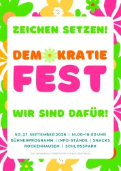 Ein buntes Plakat für das Demokratiefest mit floralen Motiven. Das Fest findet am 27. September 2026 in Rockenhausen statt.