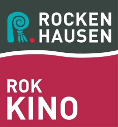 Ein minimalistisches Logo für "Rockenhausen" mit einem grafischen Element in Türkis und dem Wort "KINO" in auffälligen Buchstaben. Die Farben sind grün und rot, was einen kontrastierenden Effekt erzeugt.