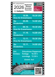 Ein Kino-Programm für den Zeitraum von September bis Dezember 2026. Es zeigt Termine für Filme für Erwachsene und Kinder sowie Informationen über den Veranstaltungsort und den Eintritt.