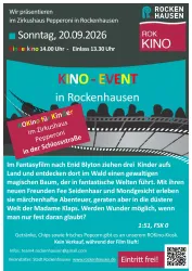 Ein Poster für ein Kino-Event in Rockenhausen. Es zeigt Informationen über einen Kinderfilm und Details zur Veranstaltung im Zirkushaus Pepperoni.